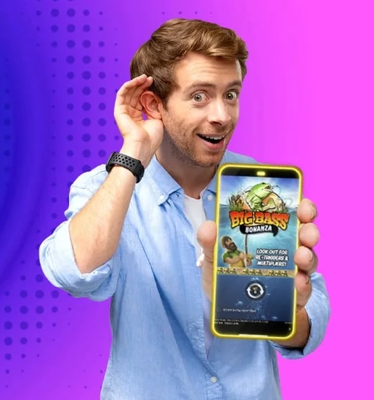 PlayOJO player showing Big Bass Bonanza free spins on his phone
